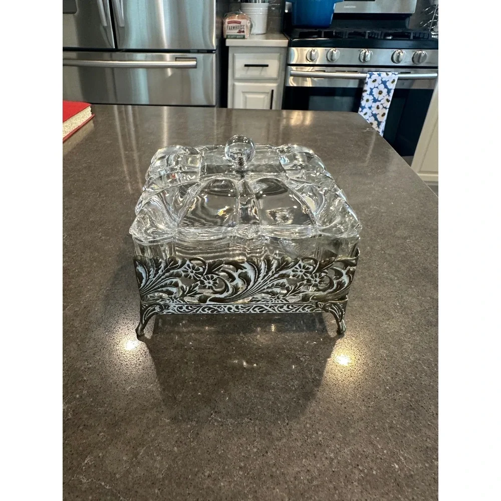 Vintage Square Glass Butter Dish Ornate Silver Filigree Footed Metal Base Lid